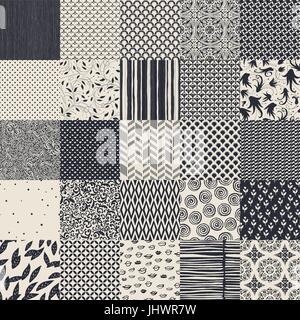 25 seamless different vector monochrome patterns. Geometric, floral, ornamental, hand drawn patterns collection. Stock Vector