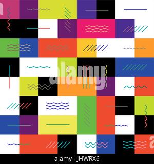 Geometric colorful background. Seamless. Colorful square tiles and contrast straight, zigzag, repeat, wave and chevron lines. Good for packaging backg Stock Vector