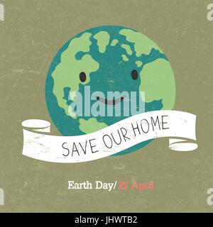 Vintage Earth Day Poster. Cartoon Earth Illustration. Text on white ribbon. On grunge texture. Grunge layers easily edited. Stock Vector