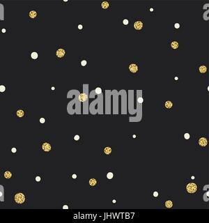 Abstract Seamless Pattern on Black Background with White and Golden Chaotic Dots.Vector Template for Packaging Designs and Invitation Cards Decoration Stock Vector