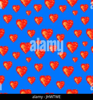 Pop art seamless pattern. Pixel hearts on blue background Stock Vector