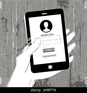 Smartphone in hand. Member Login. Wooden texture background. Design template Stock Vector
