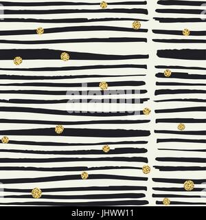 Seamless pattern. Black hand drawn bold lines and golden dots Stock Vector