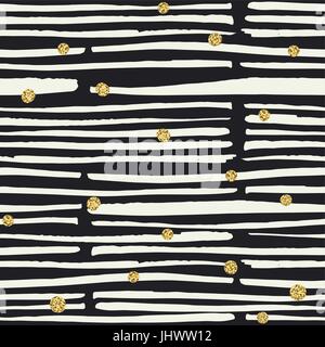 Seamless pattern. Black hand drawn bold lines and golden dots Stock Vector