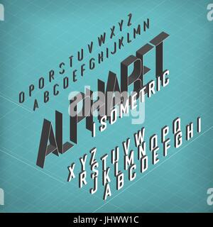 Isometric Alphabet. Blueprint abstract background. Two weights - bold and thin. Stock Vector