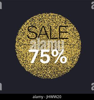 Sale tag template. Circle with gold glitter particles on black background. Golden foil effect. Stock Vector