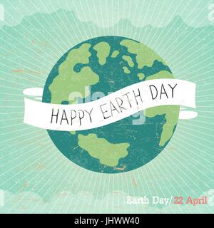 Vintage Earth Day Poster. Cartoon Earth Illustration. Rays, clouds, sky. Text on white ribbon. On old paper texture. Grunge layers easily edited. Stock Vector