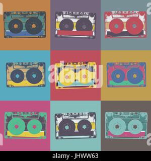 Audiocassette retro popart music seamless background. Audiocassette illustration pop-art seamless pattern. Retro audio cassettes, pop art style, seaml Stock Vector