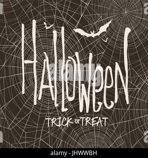 Vector design with hand drawn halloween illustration. Vintage background for halloween on black background. Halloween template. Spider web and bats Stock Vector