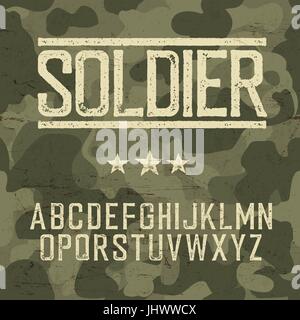 Soldier alphabet. Military deisgn set. Army design elements. Military camouflage seamless pattern. Classic grunge star. Grunge scratches texture backg Stock Vector