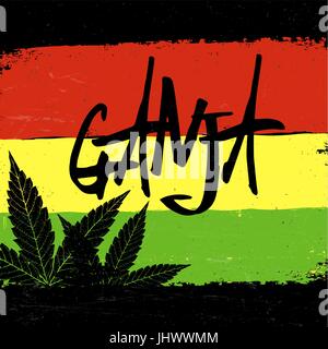 Marijuana silhouette. Ganja typography. Vector marijuana leaf and typography on rastafarian grunge background Stock Vector