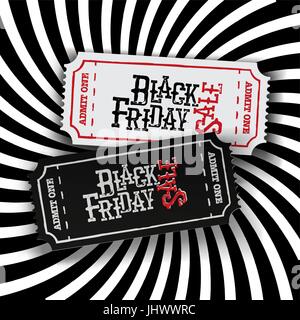 Black Friday Ticket Concept. Retro styled "Black Friday" typography on two old-fashioned cinema tickets on black and white sunburst monochrome backgro Stock Vector