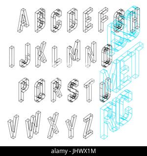 Isometric wireframe font. Upper case 26 latin letters. Stock Vector