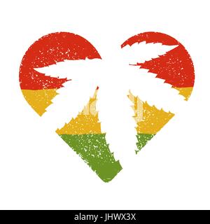 Marijuana silhouette in heart shape. Vector marijuana leaf and rastafarian flag grunge background Stock Vector