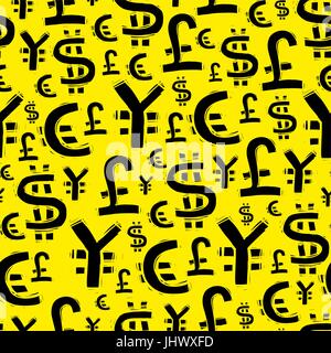 Black currency signs (usd, pound, euro and yen). On yellow background. Seamless pattern. Vector illustration Stock Vector