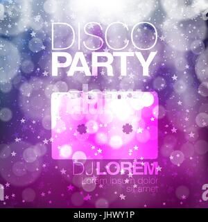 Disco poster or flyer design vintage vector template on colorful neon background. Violet pink background. Retro vector background. Disco background Stock Vector