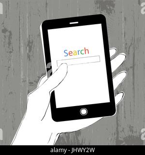 The search color text. Smartphone in hand. Wooden texture background. Vector illustration Stock Vector