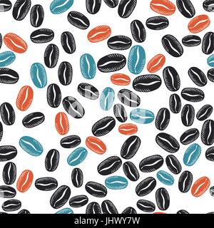 Coffee beans seamless pattern. Red, blue and black colors Stock Vector