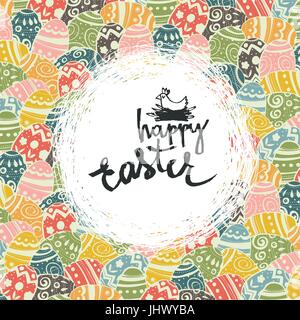 Easter eggs pattern colorful background and "Happy Easter" greetings. Nest shaped blank space for text. Stock Vector