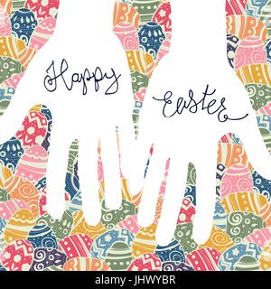 Happy Easter Greeting Card. Easter eggs pattern and "Happy Easter" greetings in hands silhouettes. Stock Vector