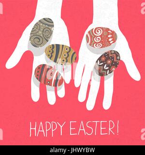 Easter eggs in hands and "Happy Easter" greetings. Stock Vector