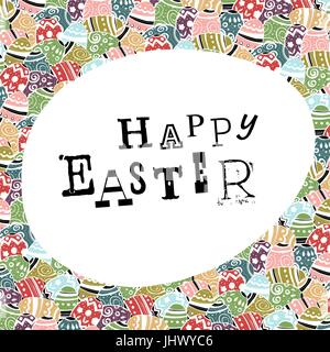 Easter eggs pattern colorful background and "Happy Easter" greetings. Egg shaped blank space for text. Stock Vector