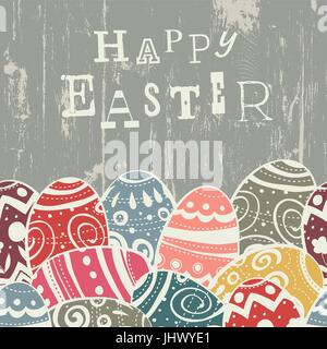 Easter eggs on wooden board. Eggs border by down side seamless and repeat. Happy Easter greetings card template Stock Vector