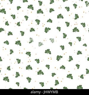 Saint Patrick's Day seamless pattern. Clover leaf and golden dots. Abstract holiday background Stock Vector