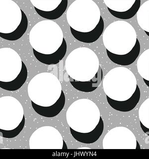 White Shaded Circles and Chaotic Dots on Grey Background. Abstract Monochrome Seamless Pattern. Stock Vector