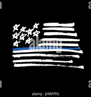 Hand drawn American flag "Thin blue line" monochrome Illustration. Painted by Brush. Isolated on black. Stock Vector