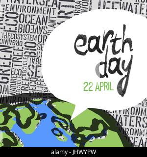 Earth day, 22 April graphics. Text in speech balloon. Part of Earth planet on pattern, composed from words Earth, Sea, Eco, Organic, Plant, etc... Stock Vector