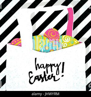 Retro greeting card. Basket with Easter eggs. Diagonal lines background. Easter pop-art style postcard. Stock Vector