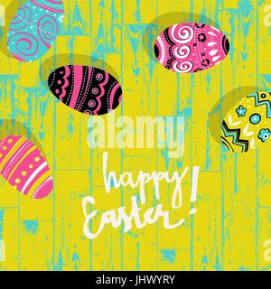Easter eggs on wooden board. Happy Easter greetings calligraphy. Bright pop-art colors. Stock Vector