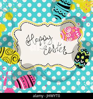 Happy Easter retro greeting card with vintage label and eggs. Pop-art colors polka dot background with color splashes. Vintage label on tablecloth. Stock Vector