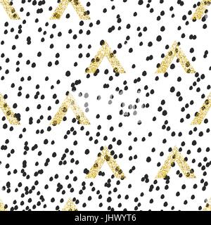 Gold geometric triangle with chaotic black doodle dots vector objects background. Modern golden seamless pattern Stock Vector