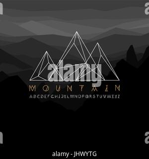 Mountain line art icon, outline vector logo illustration, linear pictogram isolated on black. With thin line alphabet for your headline. On mountains  Stock Vector