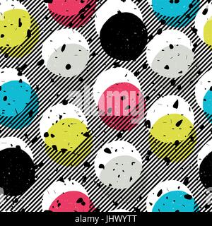 Pop-art style seamless print. Yellow, Cyan, Blue, Black Circles on Diagonal lines Background and chaotic particles pattern. Abstract Fashion Seamless  Stock Vector