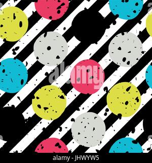 Pop-art style seamless print. Yellow, Cyan, Blue, Black Circles on Diagonal lines Background and chaotic particles pattern. Abstract Fashion Seamless  Stock Vector