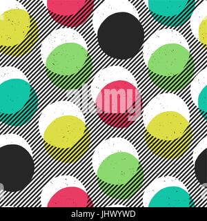 Pop-art style seamless print. Yellow, Cyan, Blue, Black Circles on Diagonal lines Background. Abstract Fashion Seamless Pattern. Stock Vector