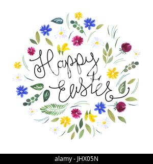 Happy Easter. Watercolor flowers and calligraphy vector greetings. Stock Vector