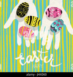 Easter eggs in hands and "Happy Easter" greetings. Bright colors holiday postcard template Stock Vector