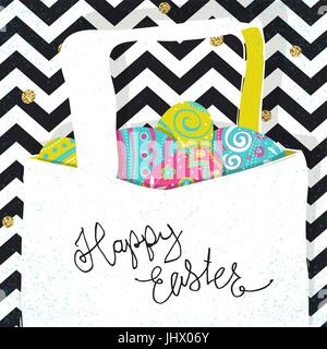 Basket with Easter eggs. Chevron lines and golden dots background. Easter postcard. Stock Vector