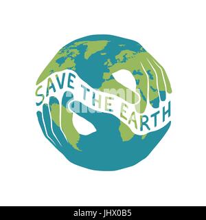 "Save the Earth" logotype for Earth day celebration. Two hands shaped hold the planet. Vector illustration isolated on white background. Stock Vector