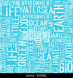 Earth day words theme seamless background. Blue colors. Pattern composed from words: Earth, Sea, Eco, Organic, Plant, etc... Stock Vector