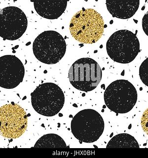 Chaotic black particles and regular big gold and black dots. Seamless textured pattern on white background. Stock Vector