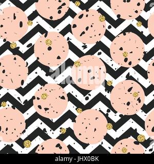 Seamless chaotic particles pattern. Golden, pink dots on chevron pattern. Stock Vector