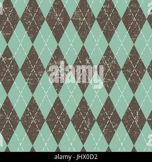 Argyle seamless aged pattern. Blue and brown rhombus, grungy texture. Grunge vintage seamless background. Stock Vector