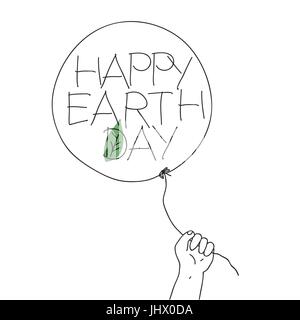 Child hold the thread of balloon with "Happy Earth Day"greeting text and leaf sign. Vector illustration of outline sketch with hand-drawn text and gre Stock Vector