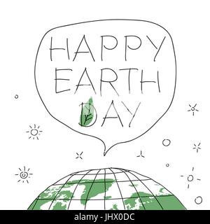 Happy Earth Day in speech balloon. Vector illustration with the words, planet Earth and green leaf. Stock Vector