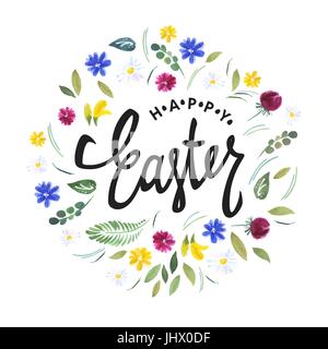 Happy Easter. Watercolor flowers and calligraphy vector greetings. Stock Vector